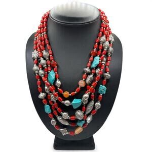 Boho Tribal Style 5-Strand Statement Necklace – Red Coral & Turquoise